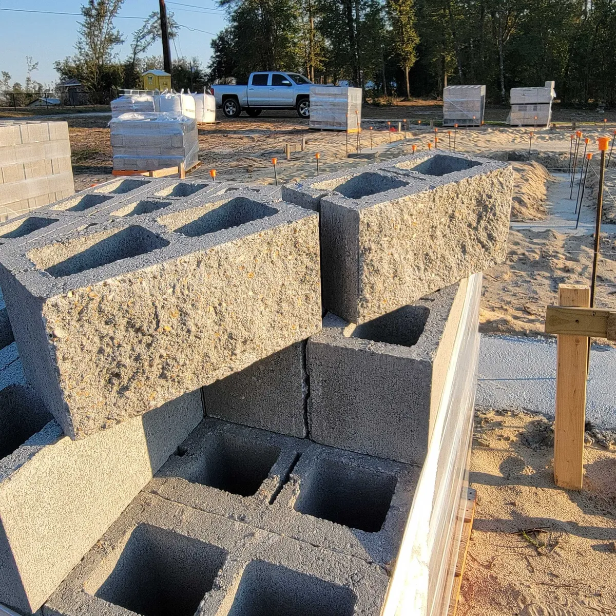 Split-face block resting on standard concrete block beside the footing, with pallets beyond.