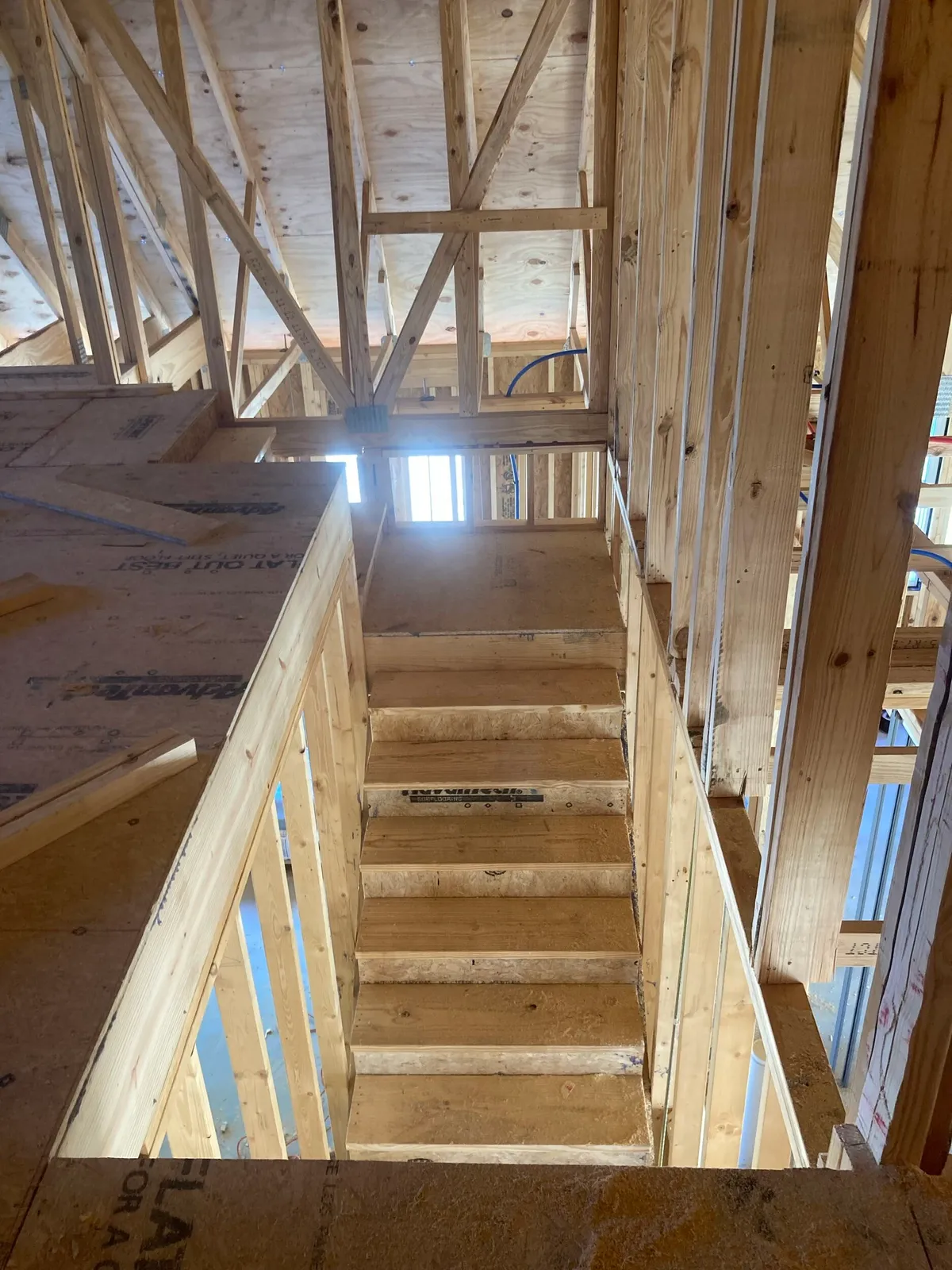 Framed stair rising toward the upstairs area, with roof trusses overhead.