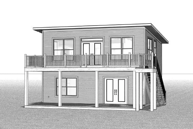 Rendering of the two-story home, showing an upper deck with railings over a covered lower level and an exterior stair at the right.