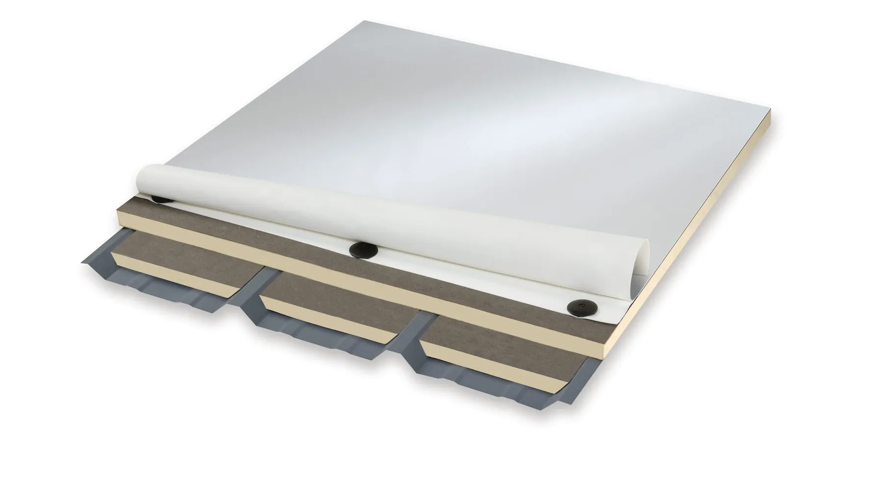 Cutaway diagram of a metal roof retrofit assembly, with insulation and cover board over the metal panel ribs and a membrane rolled across the top.