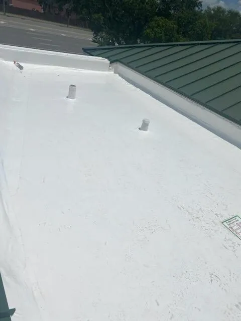 White membrane along the edge of a green metal roof section, with small penetrations and a road beyond.