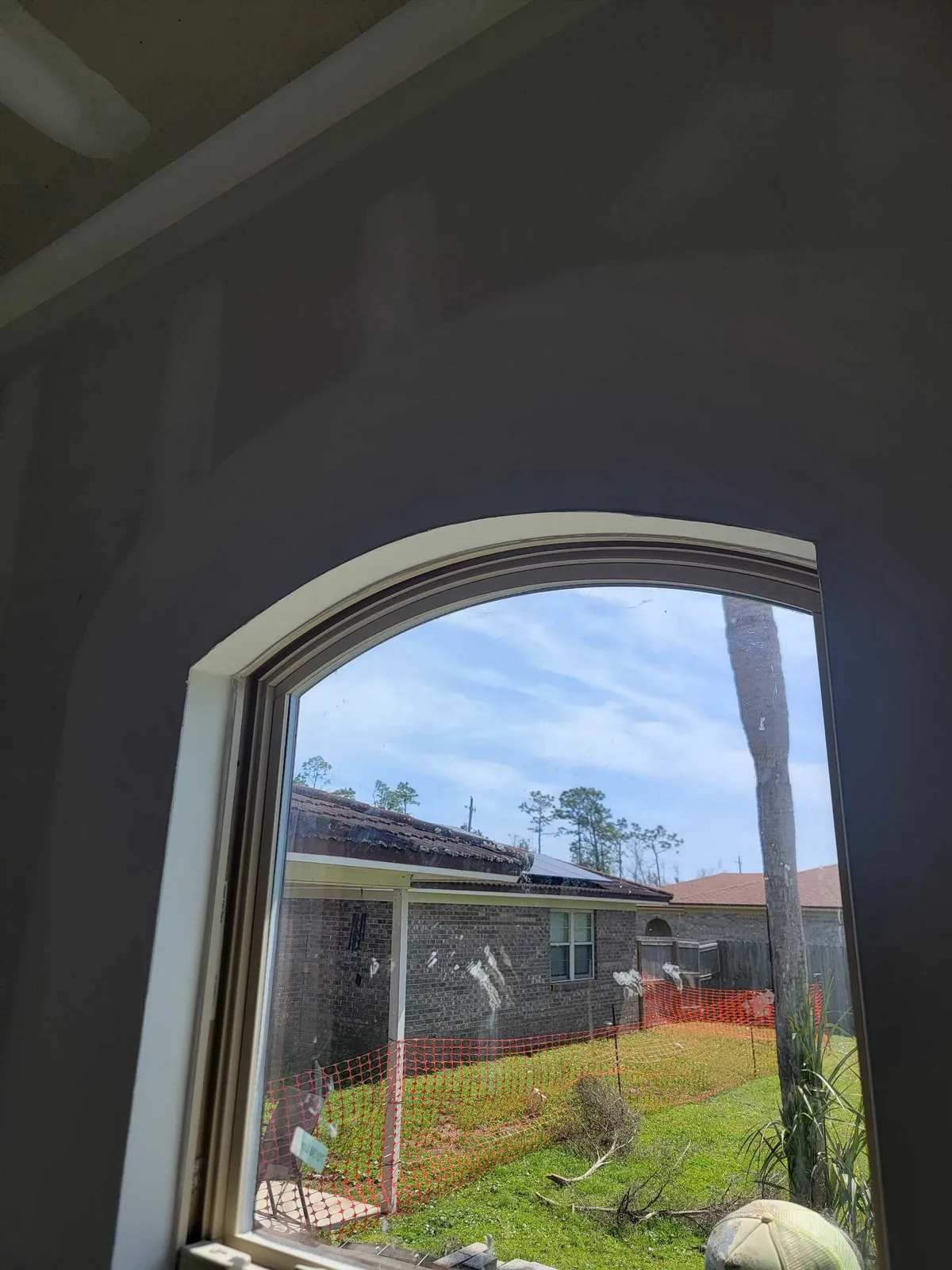 Arched window set deep in a drywall reveal, looking out to the yard.