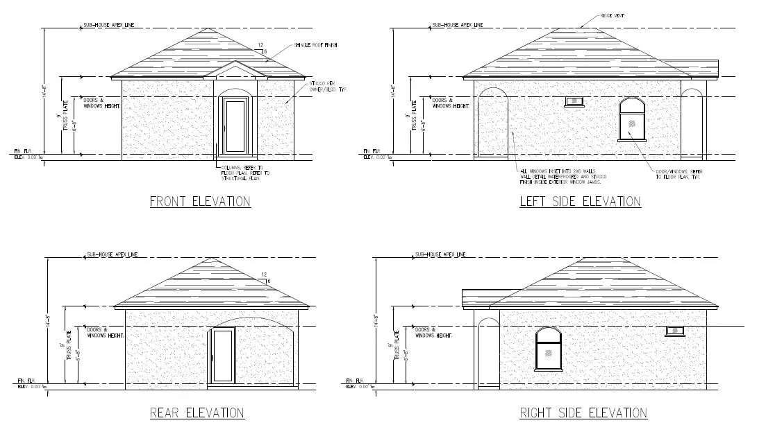 Construction elevation drawings of the studio in front, left side, rear, and right side views, showing the hip roof, the entry gable, and the arched openings.