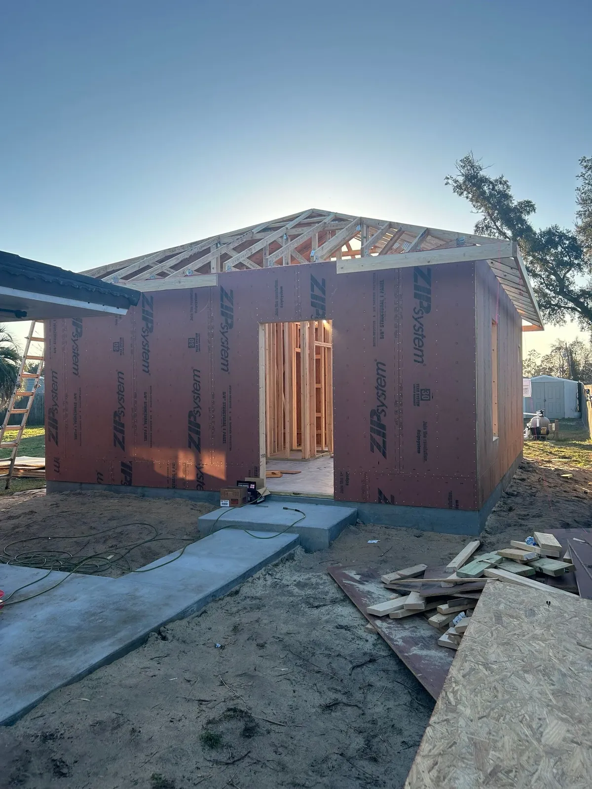 Roof trusses set over the sheathed walls, with the front entry opening framed.